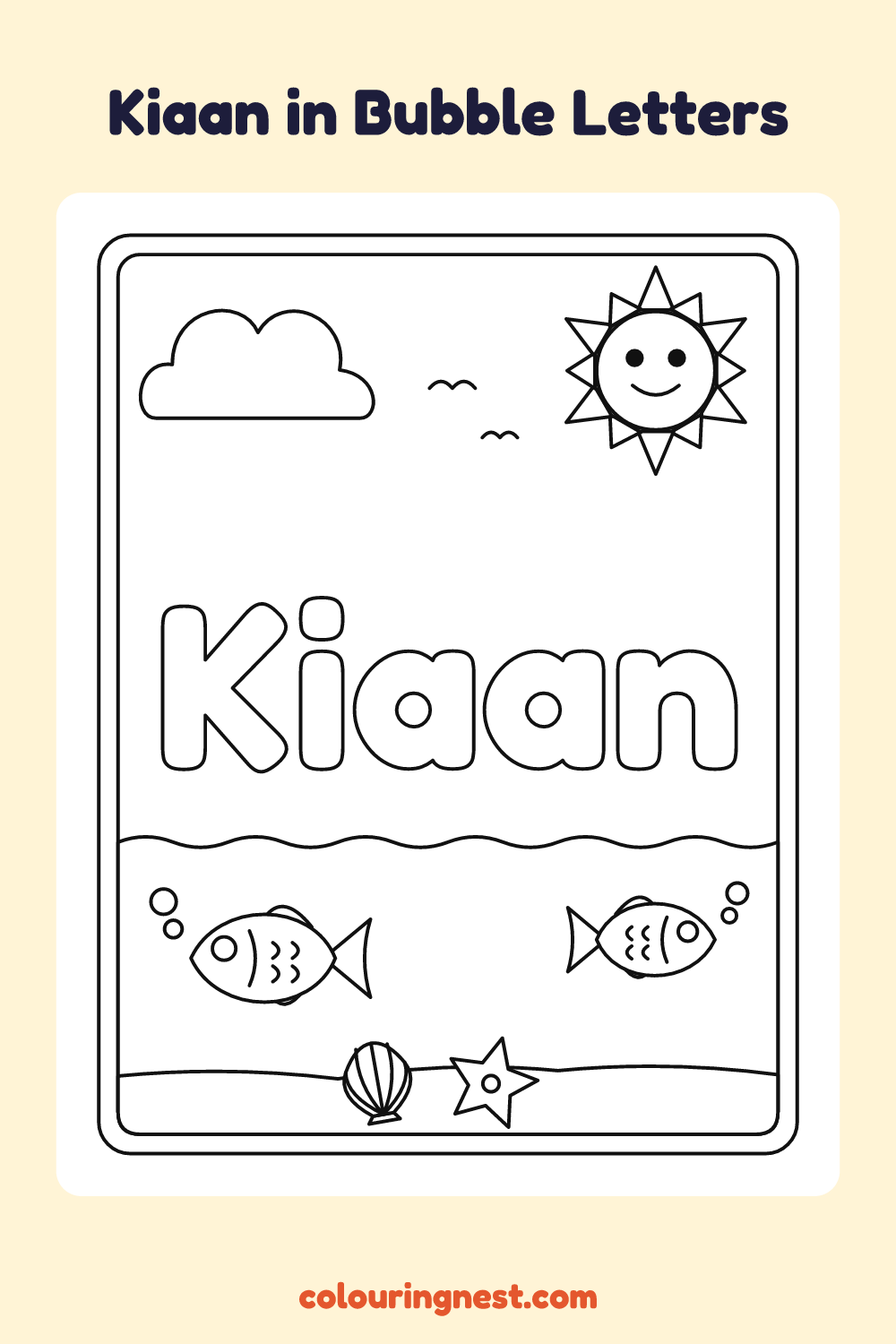 Kiaan in Bubble Letters coloring page: free printable black-and-white line art