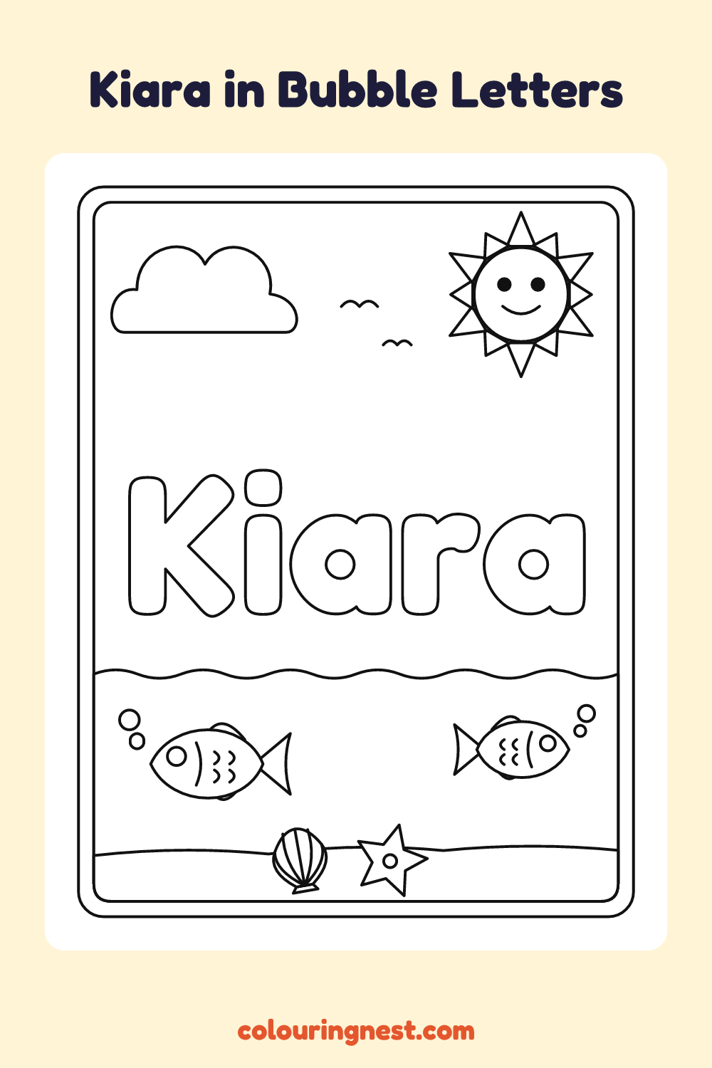 Kiara in Bubble Letters coloring page: free printable black-and-white line art