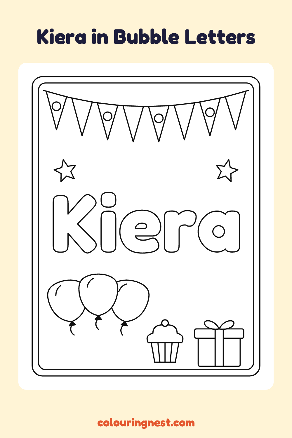 Kiera in Bubble Letters coloring page: free printable black-and-white line art