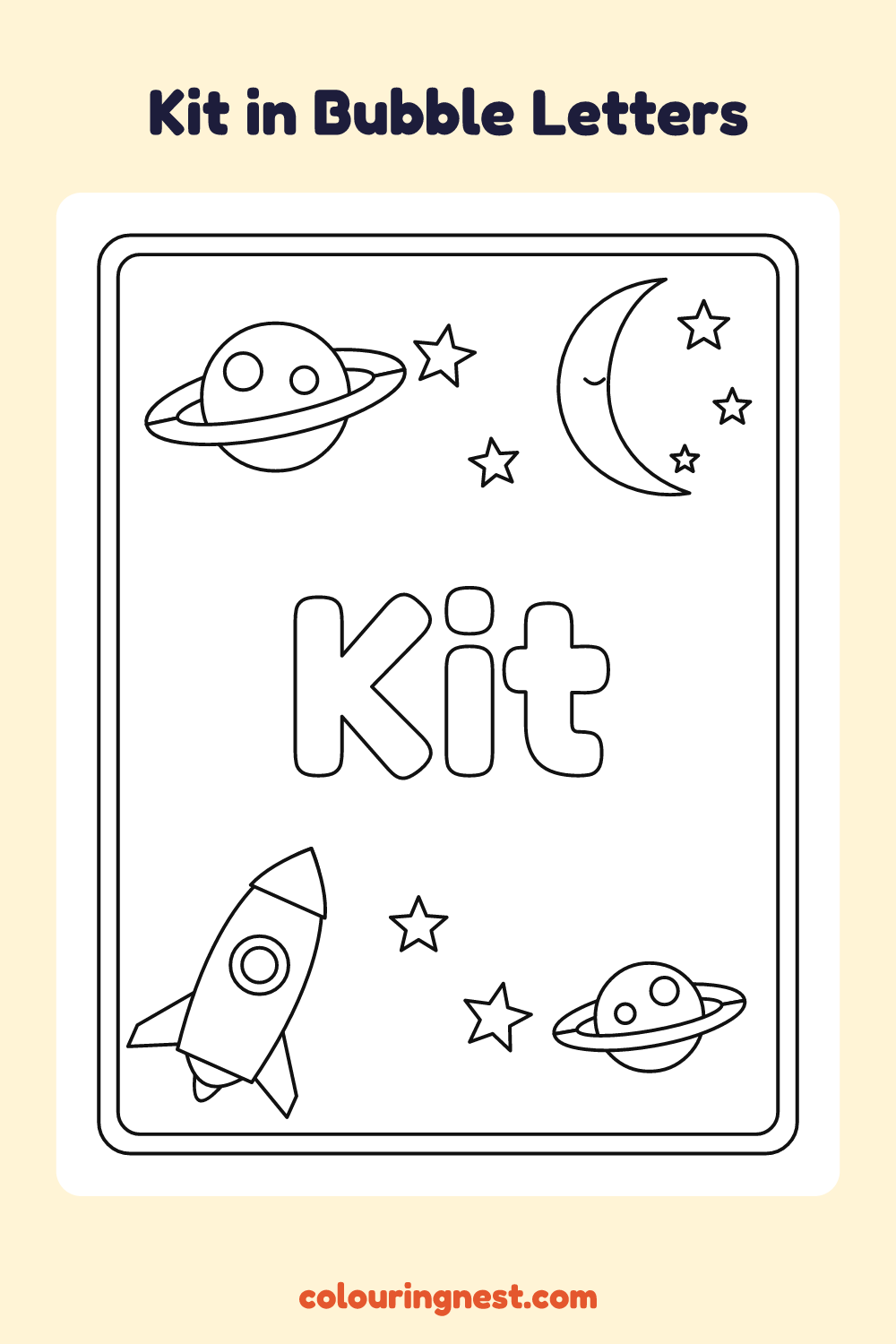 Kit in Bubble Letters coloring page: free printable black-and-white line art