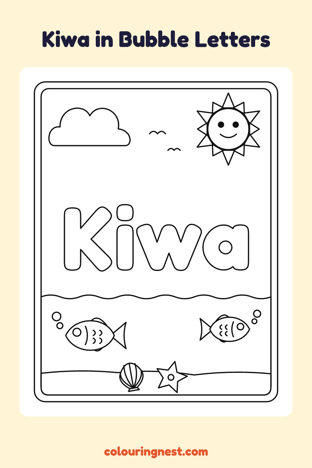 Kiwa in Bubble Letters coloring page: free printable black-and-white line art