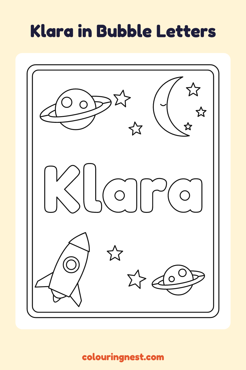 Klara in Bubble Letters coloring page: free printable black-and-white line art