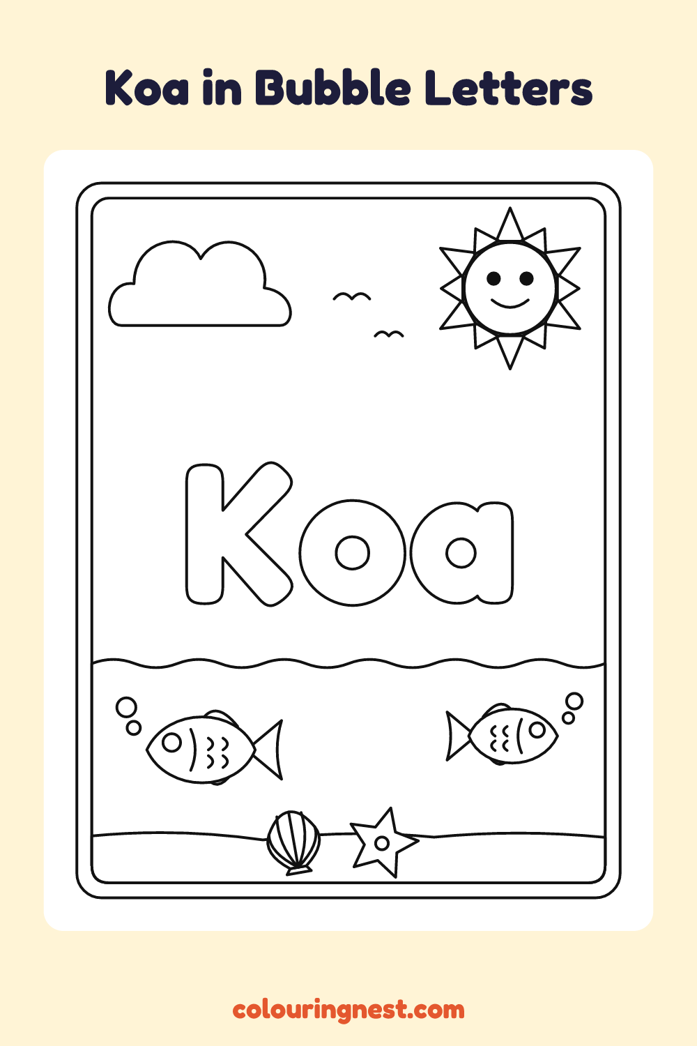 Koa in Bubble Letters coloring page: free printable black-and-white line art