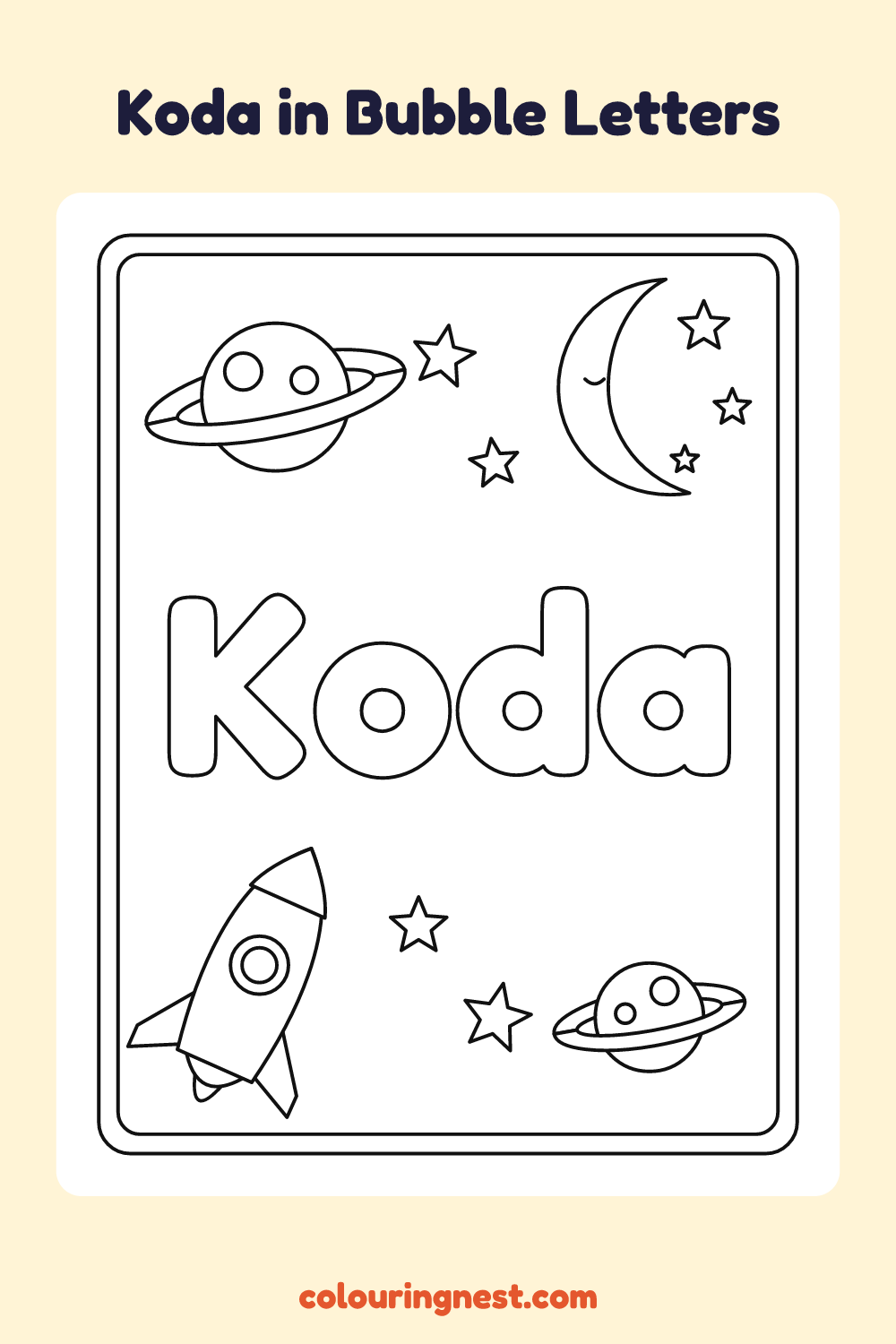 Koda in Bubble Letters coloring page: free printable black-and-white line art