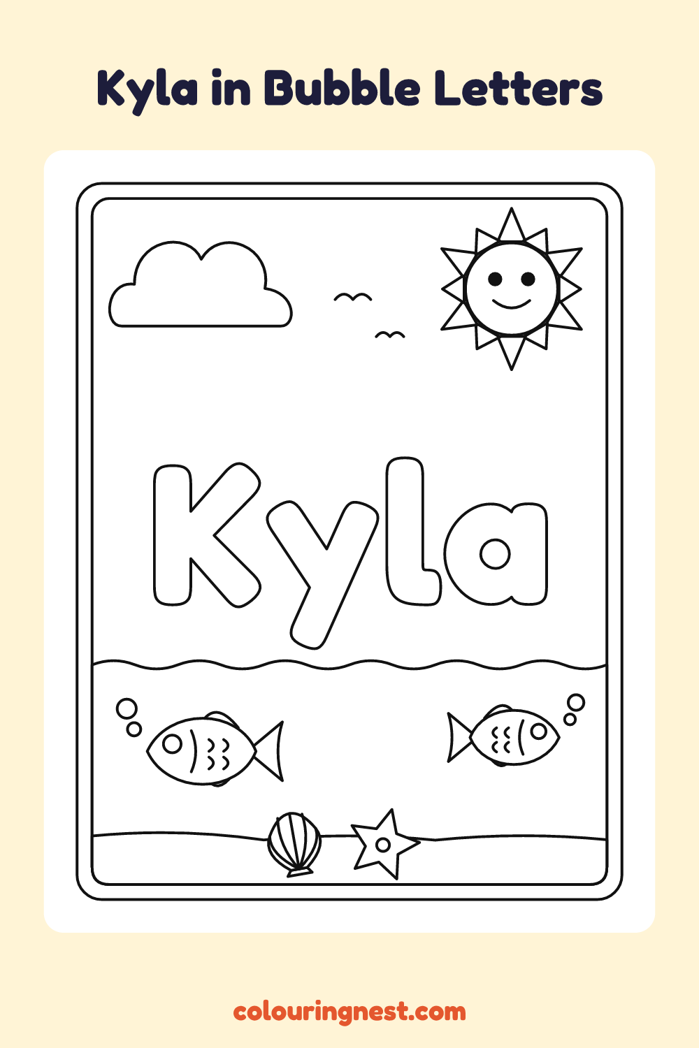 Kyla in Bubble Letters coloring page: free printable black-and-white line art
