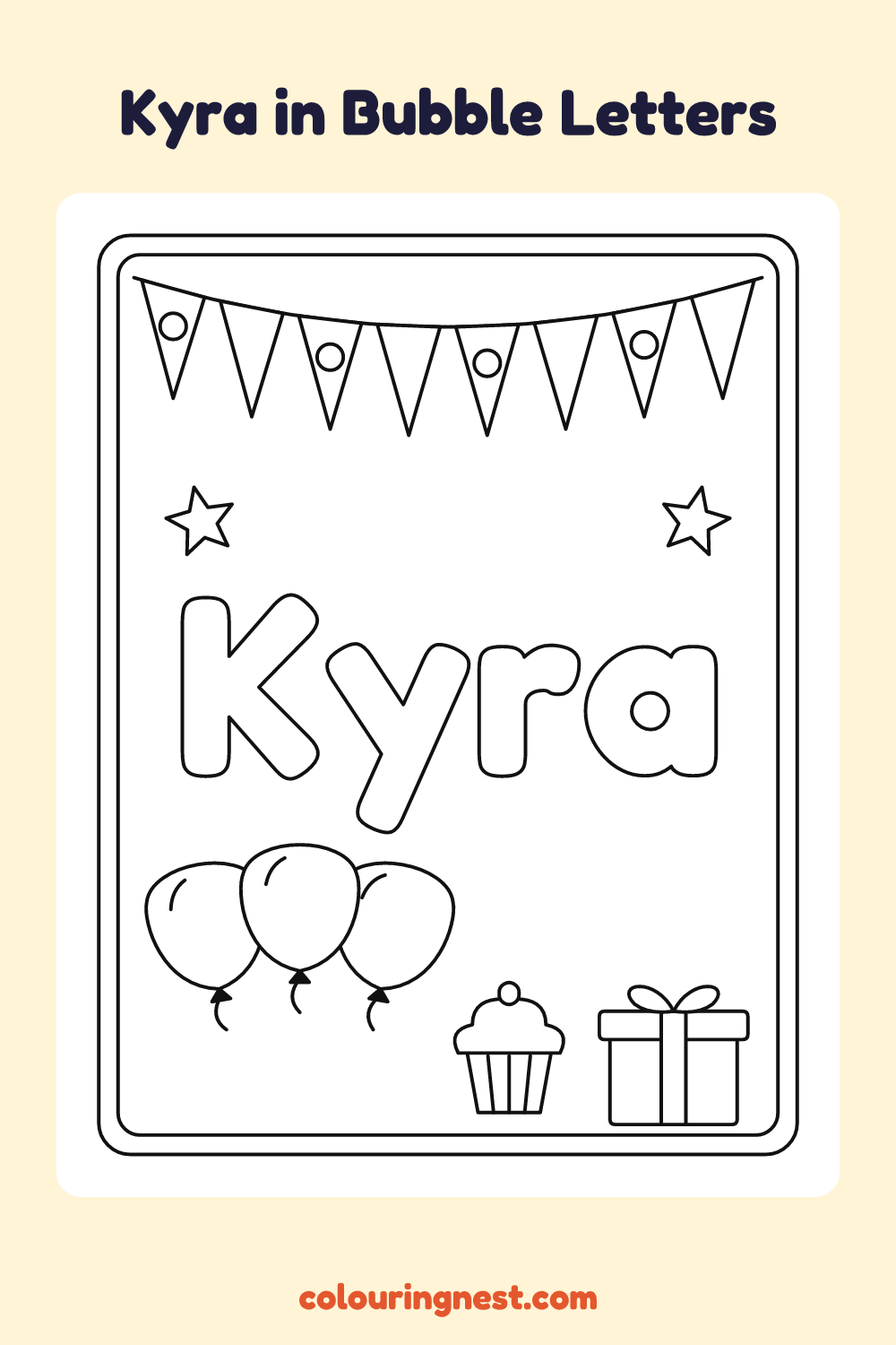 Kyra in Bubble Letters coloring page: free printable black-and-white line art