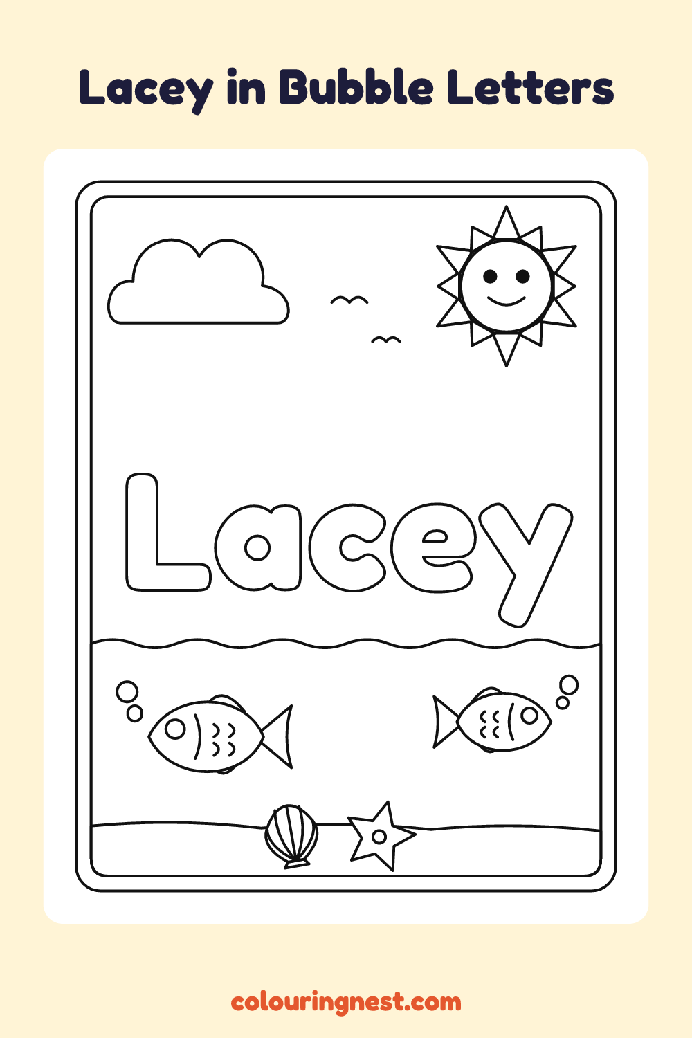 Lacey in Bubble Letters coloring page: free printable black-and-white line art