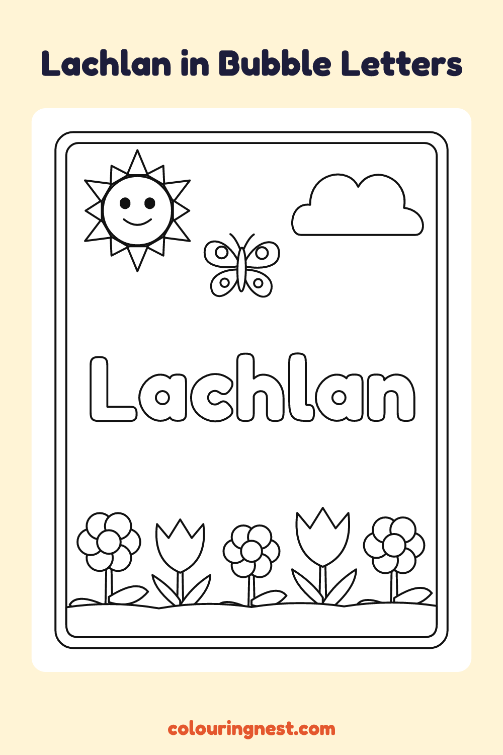 Lachlan in Bubble Letters coloring page: free printable black-and-white line art