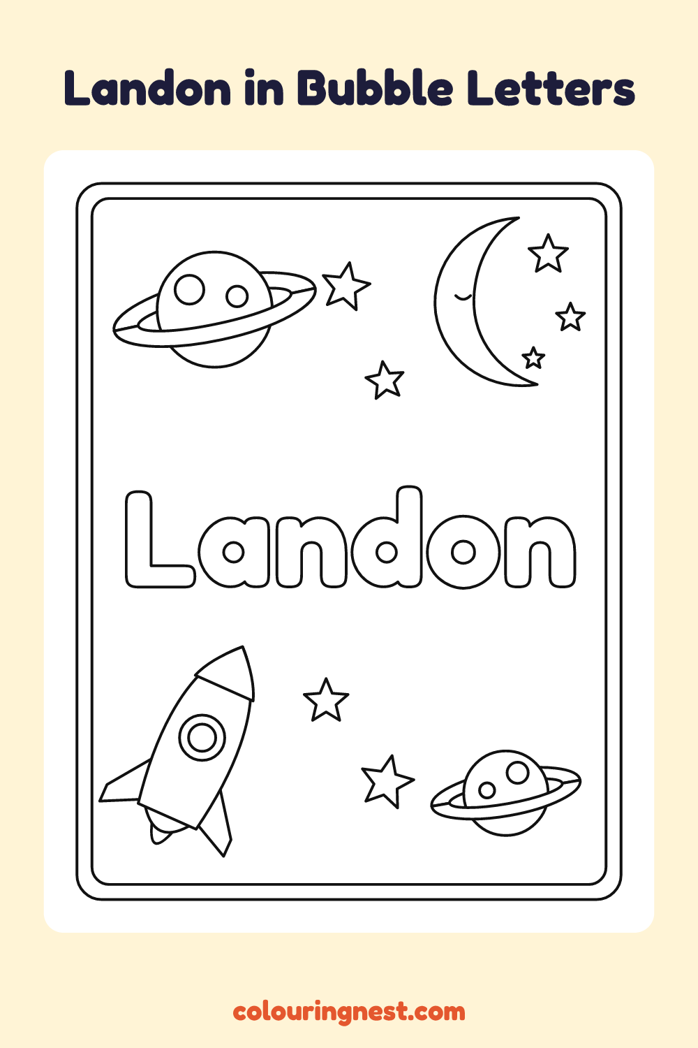 Landon in Bubble Letters coloring page: free printable black-and-white line art