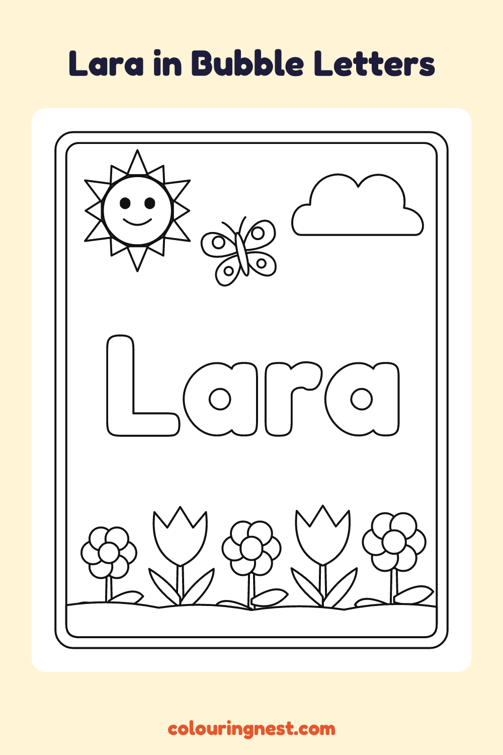 Lara in Bubble Letters coloring page: free printable black-and-white line art