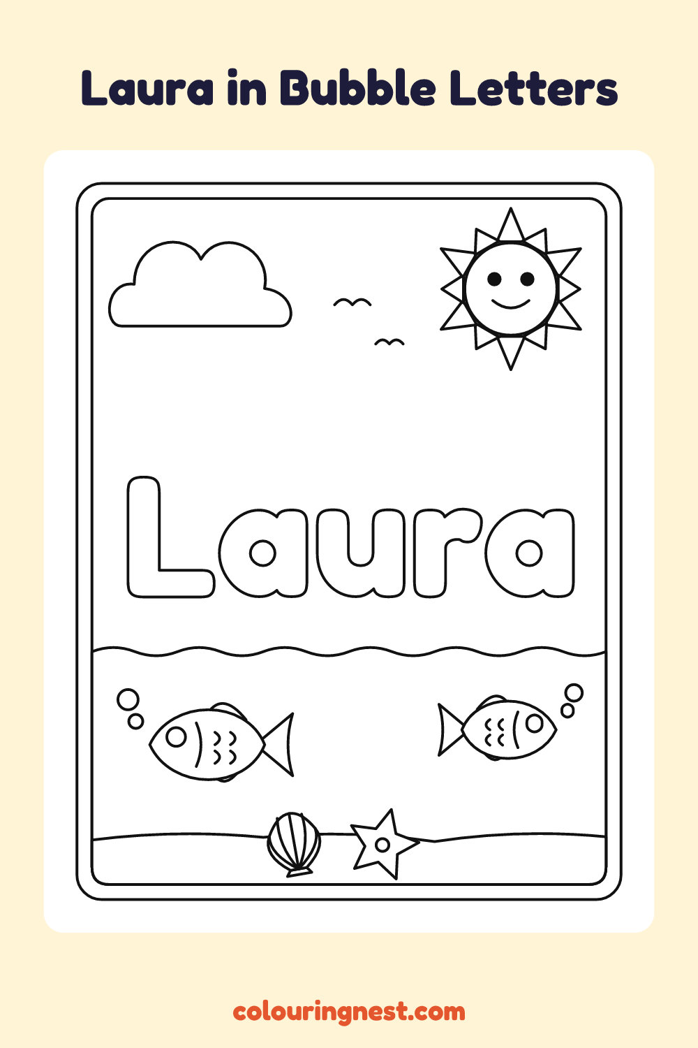 Laura in Bubble Letters coloring page: free printable black-and-white line art