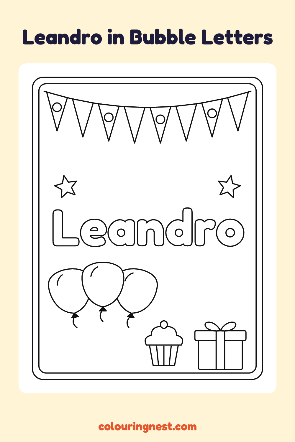 Leandro in Bubble Letters coloring page: free printable black-and-white line art