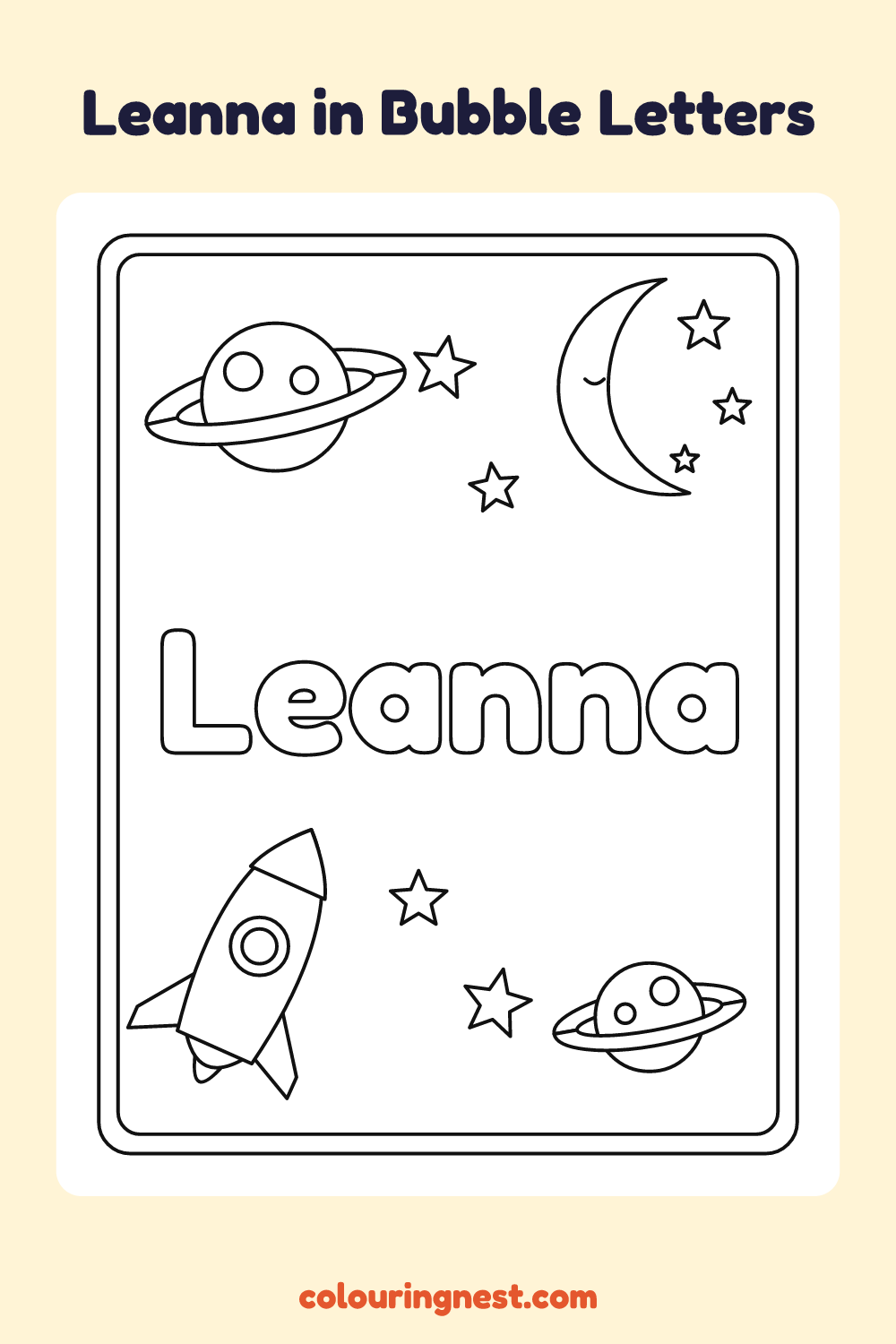 Leanna in Bubble Letters coloring page: free printable black-and-white line art