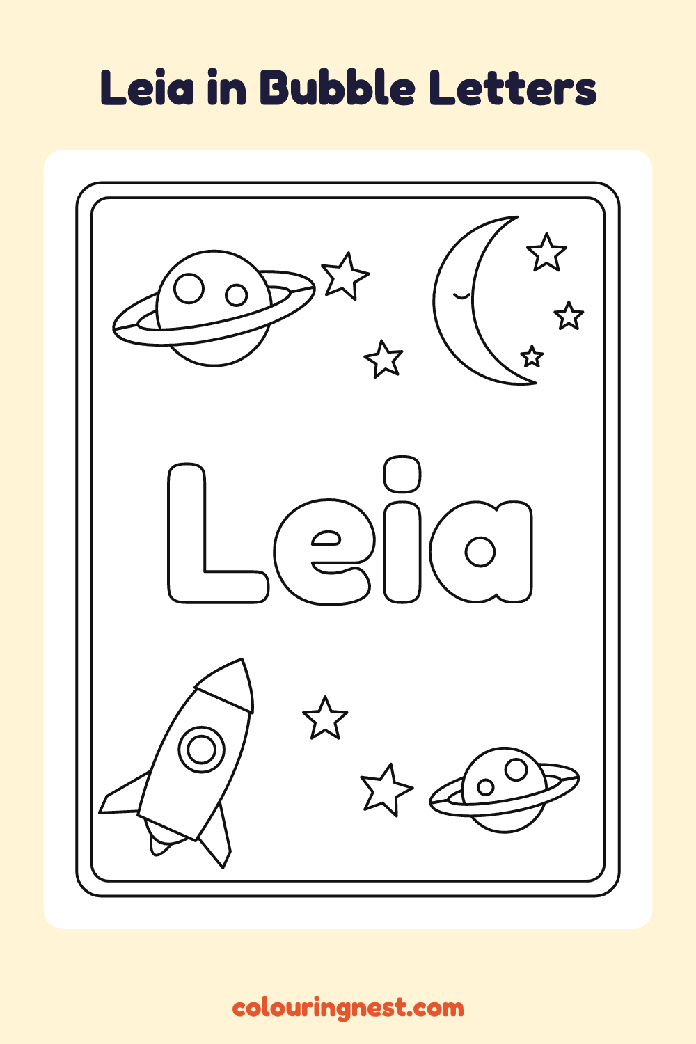 Leia in Bubble Letters coloring page: free printable black-and-white line art