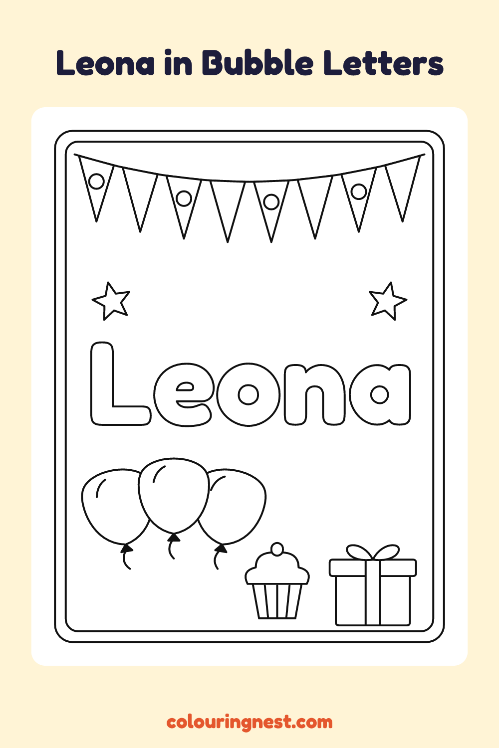 Leona in Bubble Letters coloring page: free printable black-and-white line art