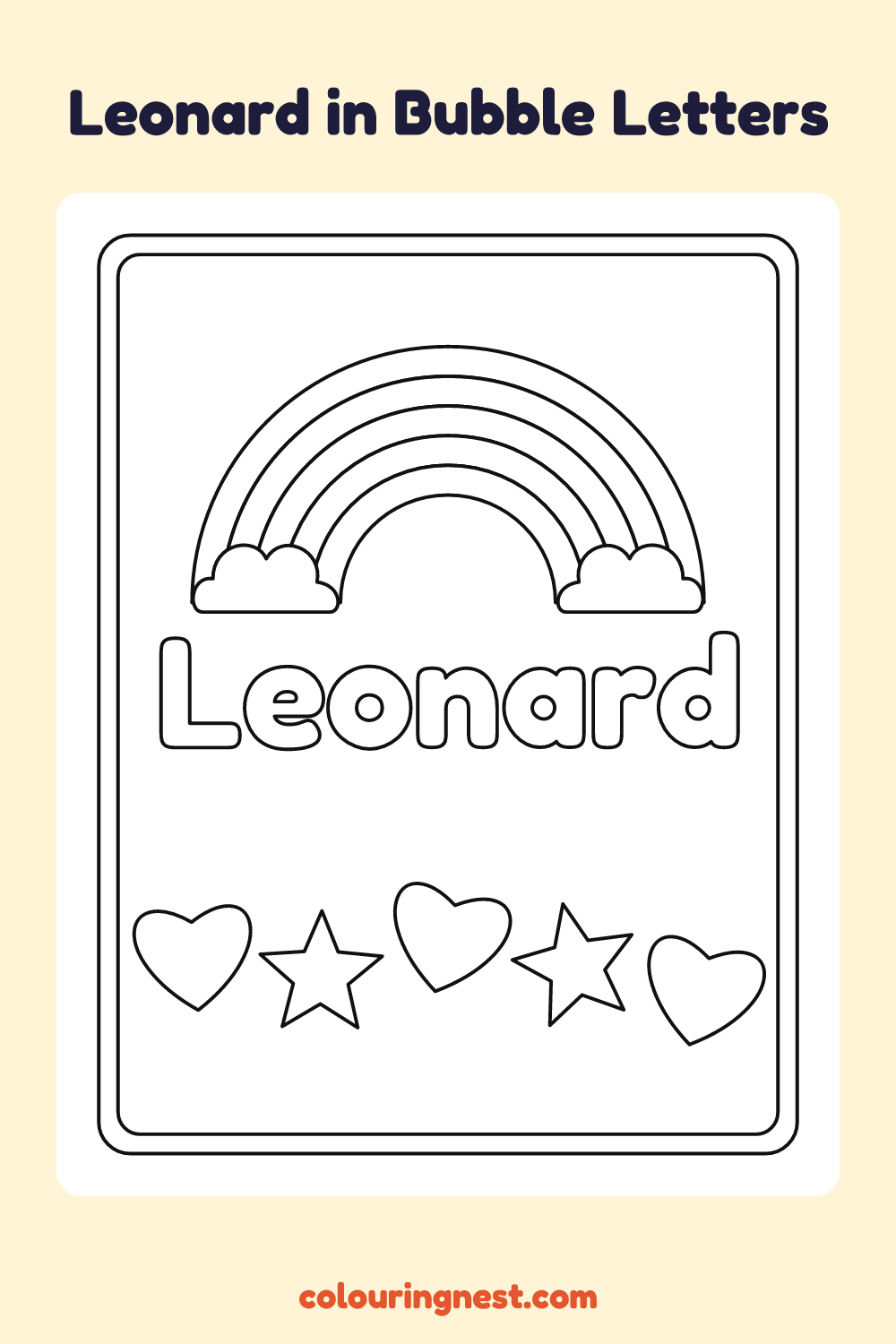 Leonard in Bubble Letters coloring page: free printable black-and-white line art