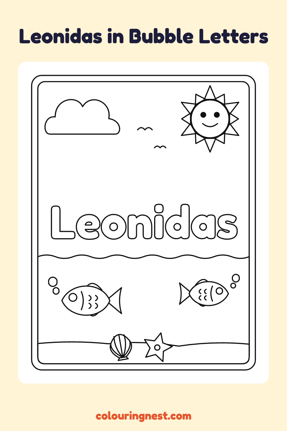 Leonidas in Bubble Letters coloring page: free printable black-and-white line art