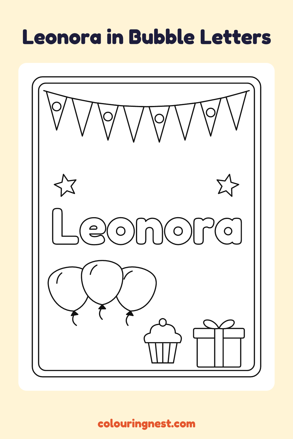 Leonora in Bubble Letters coloring page: free printable black-and-white line art