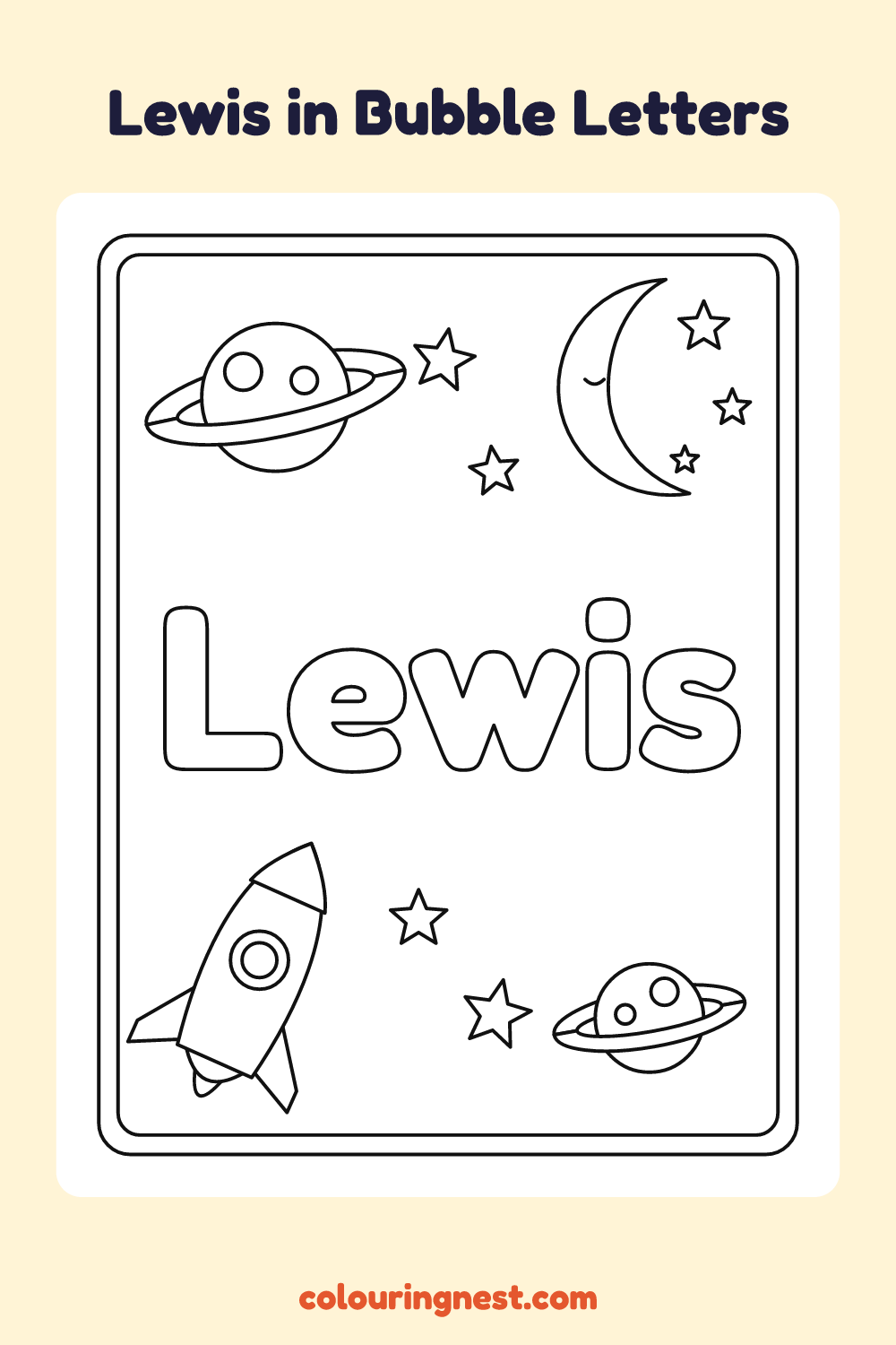 Lewis in Bubble Letters coloring page: free printable black-and-white line art