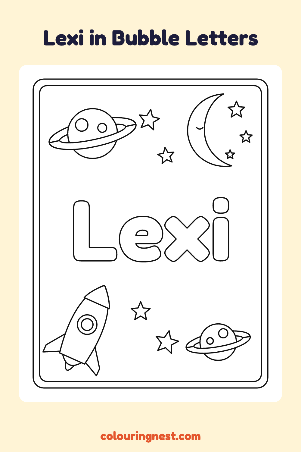 Lexi in Bubble Letters coloring page: free printable black-and-white line art
