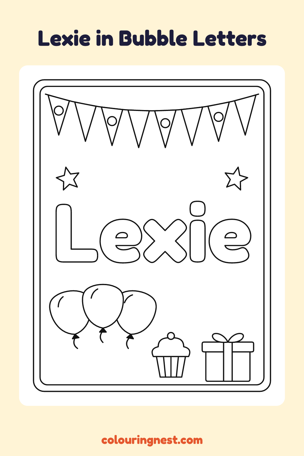 Lexie in Bubble Letters coloring page: free printable black-and-white line art