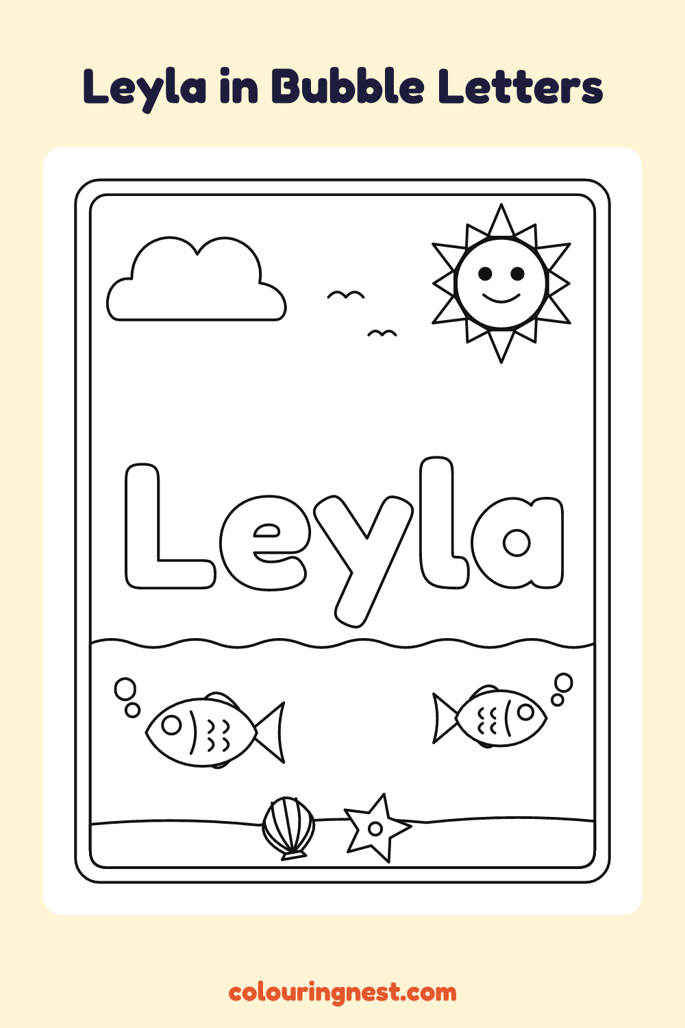 Leyla in Bubble Letters coloring page: free printable black-and-white line art