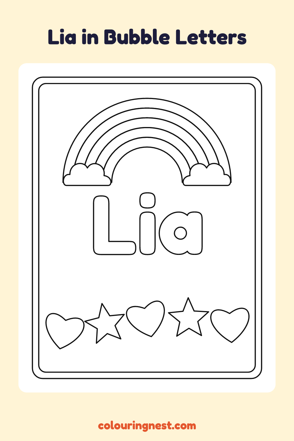 Lia in Bubble Letters coloring page: free printable black-and-white line art