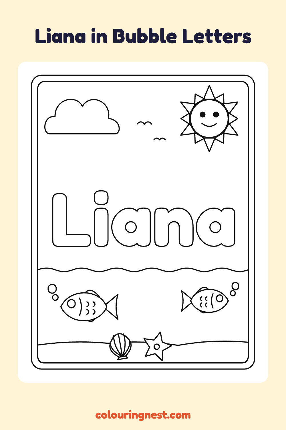 Liana in Bubble Letters coloring page: free printable black-and-white line art
