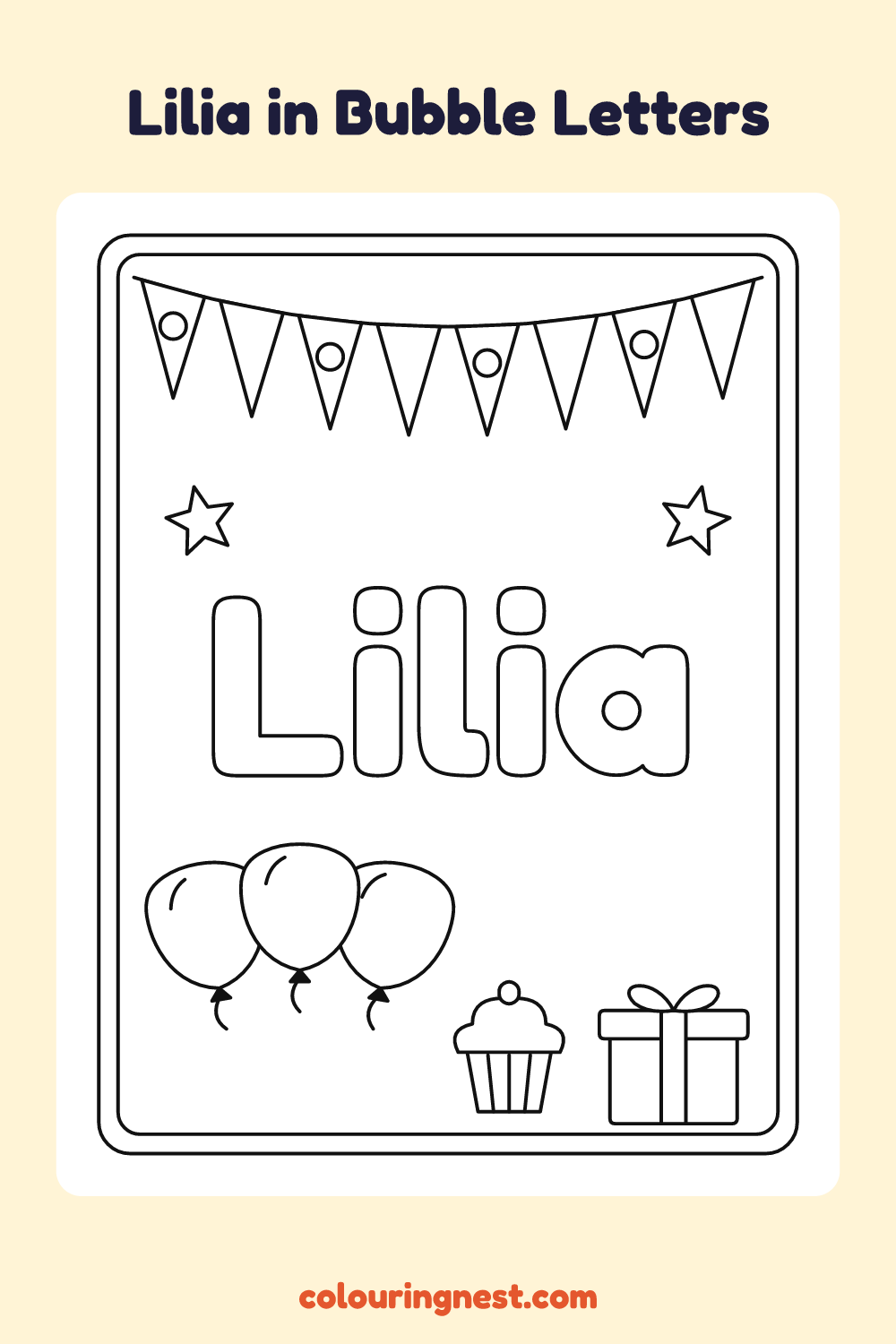 Lilia in Bubble Letters coloring page: free printable black-and-white line art