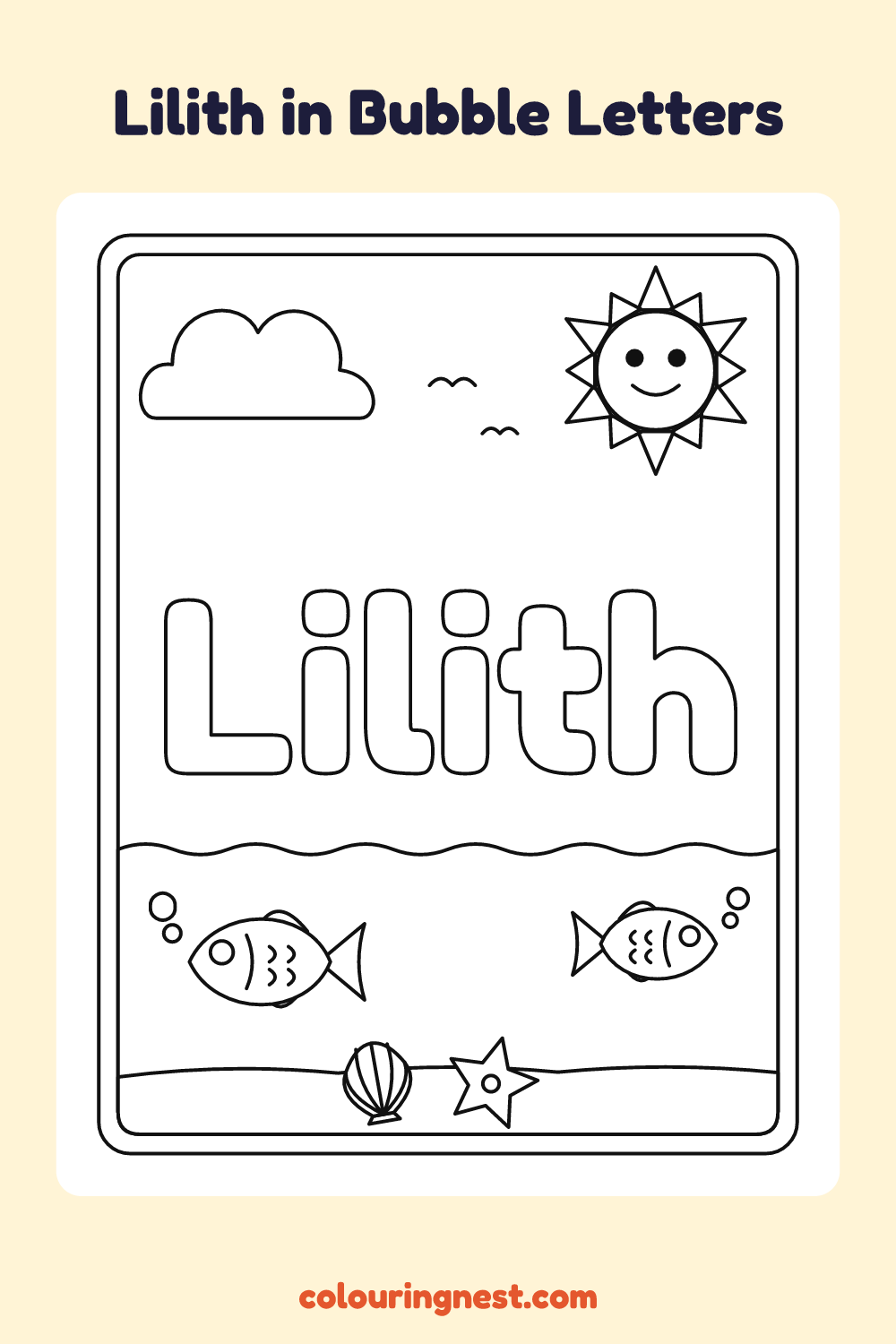 Lilith in Bubble Letters coloring page: free printable black-and-white line art