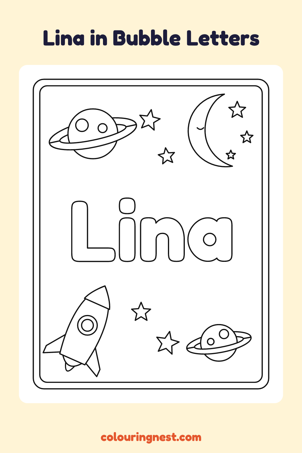 Lina in Bubble Letters coloring page: free printable black-and-white line art