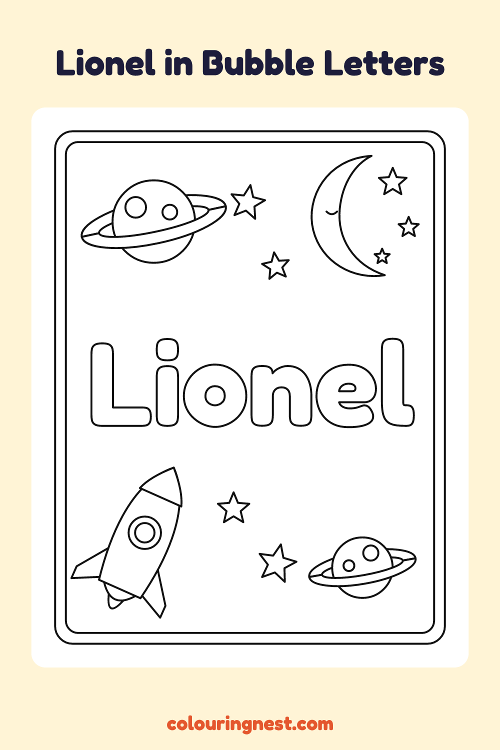 Lionel in Bubble Letters coloring page: free printable black-and-white line art