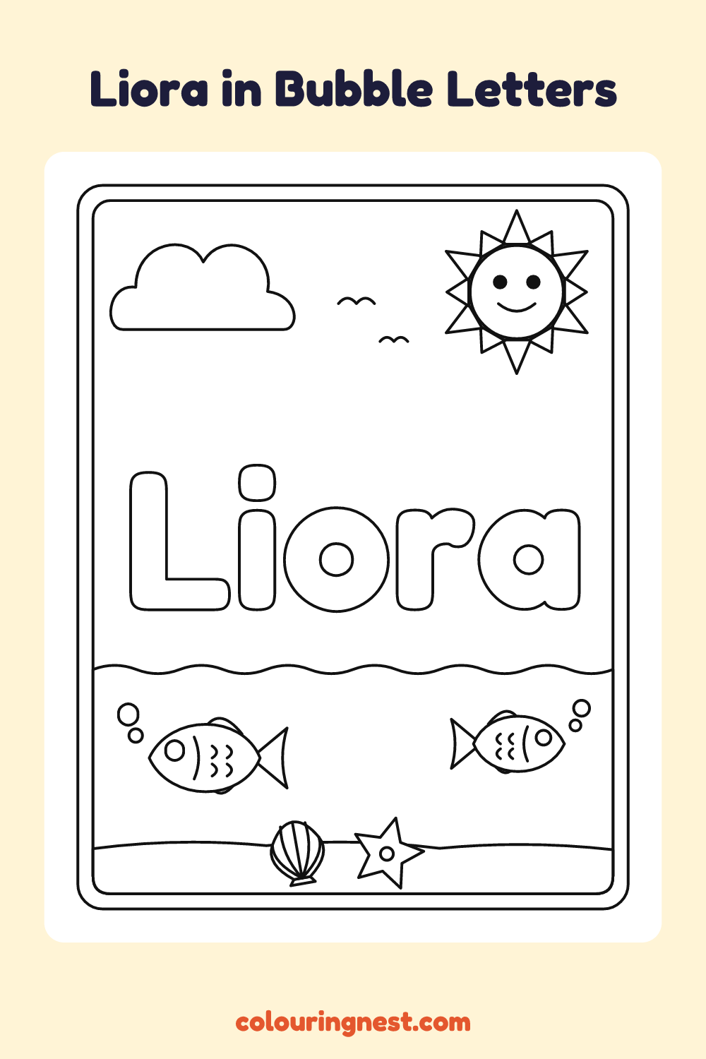 Liora in Bubble Letters coloring page: free printable black-and-white line art