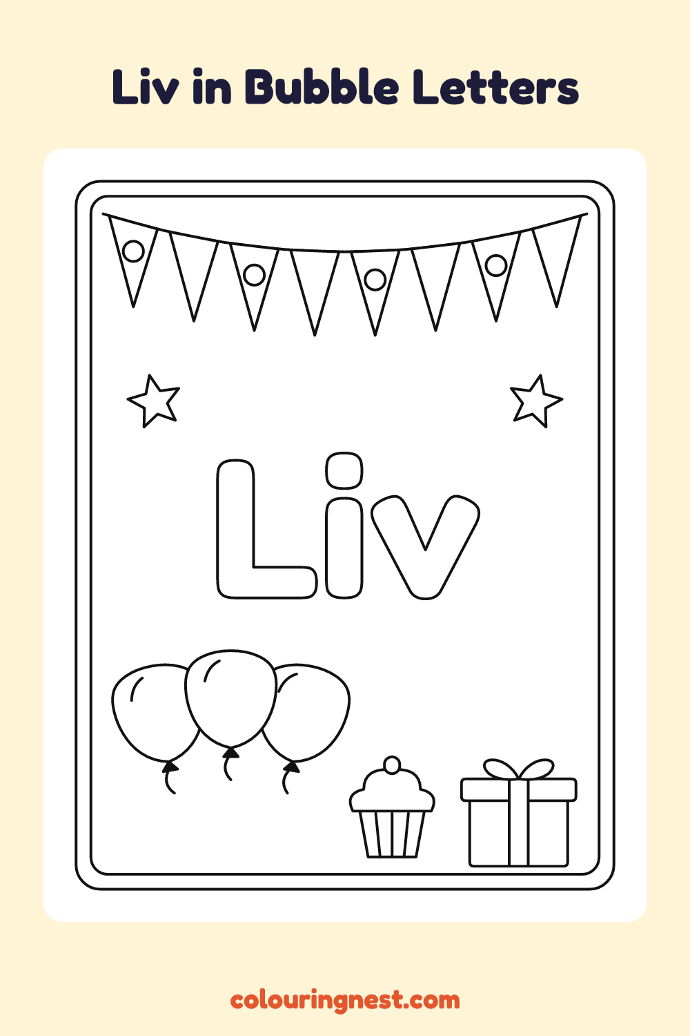 Liv in Bubble Letters coloring page: free printable black-and-white line art