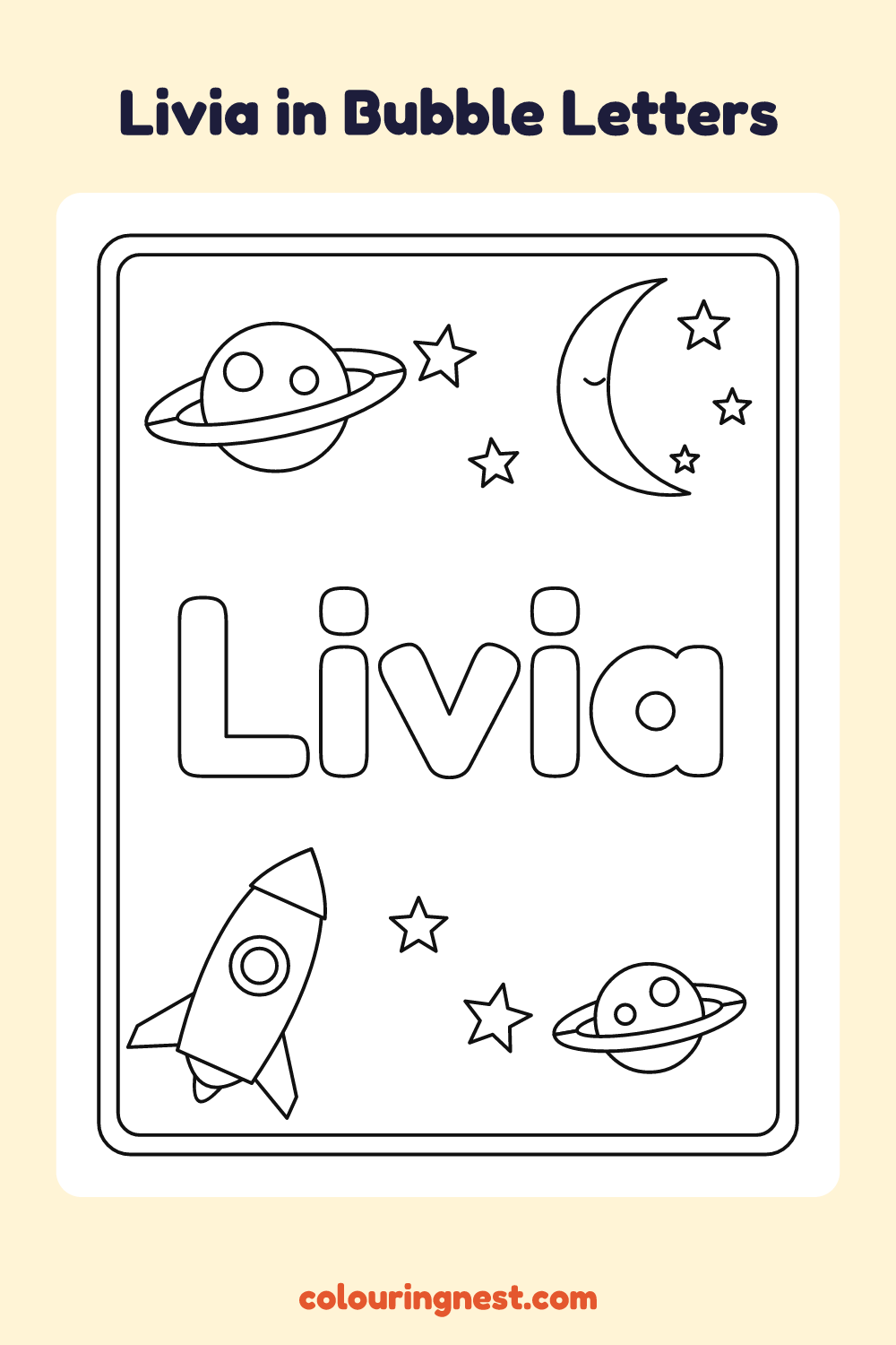 Livia in Bubble Letters coloring page: free printable black-and-white line art