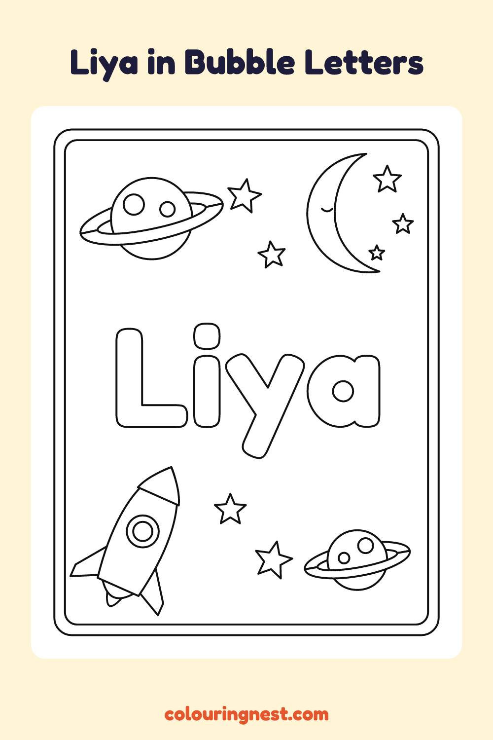 Liya in Bubble Letters coloring page: free printable black-and-white line art