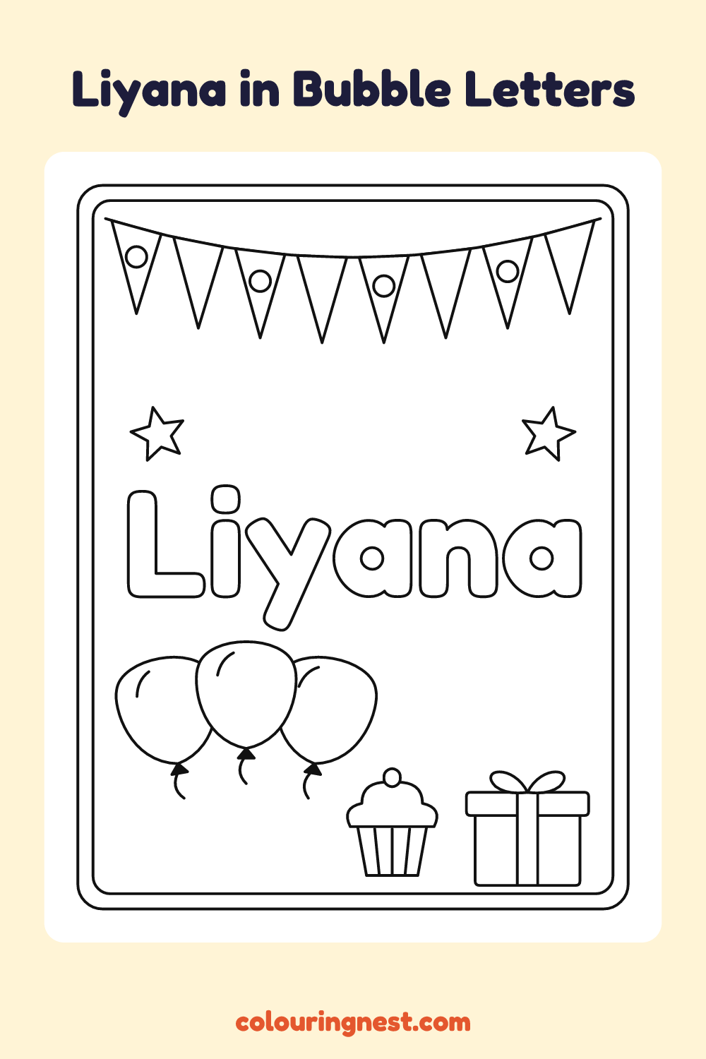 Liyana in Bubble Letters coloring page: free printable black-and-white line art