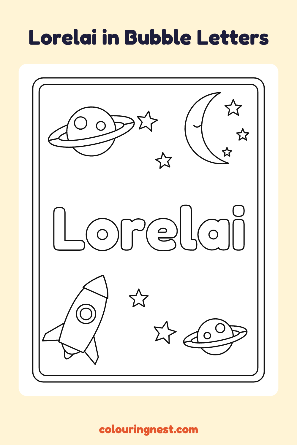 Lorelai in Bubble Letters coloring page: free printable black-and-white line art