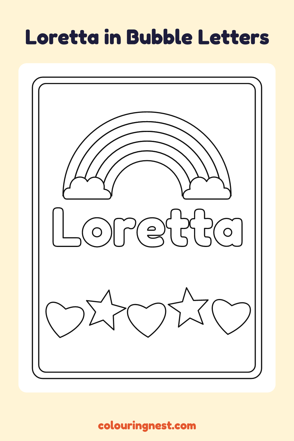 Loretta in Bubble Letters coloring page: free printable black-and-white line art