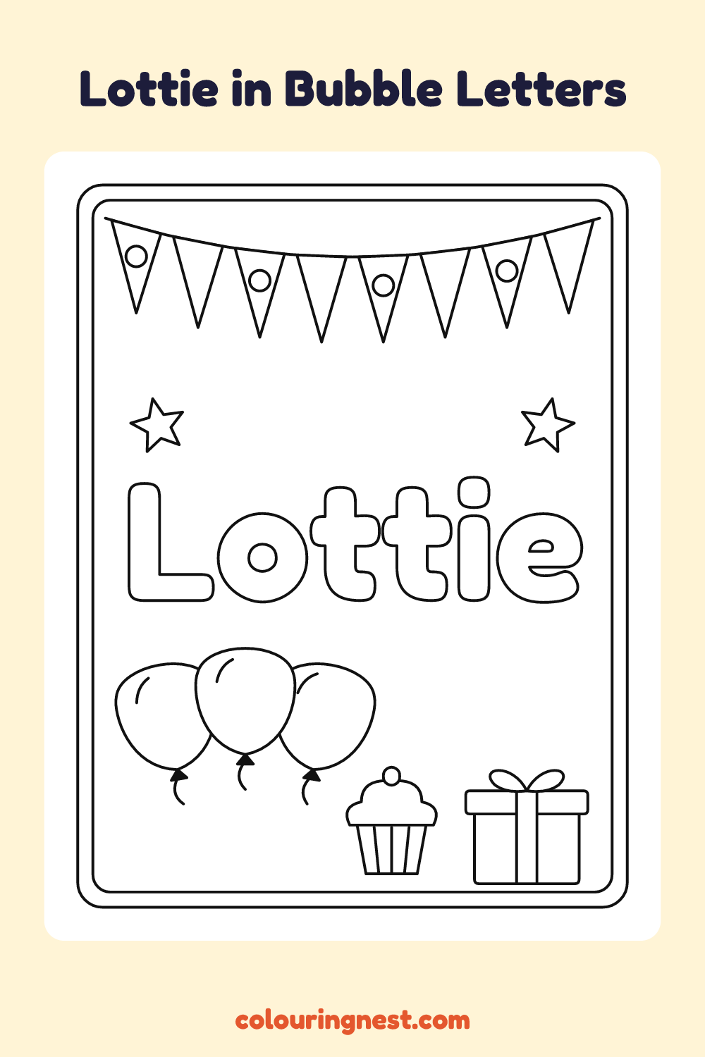 Lottie in Bubble Letters coloring page: free printable black-and-white line art