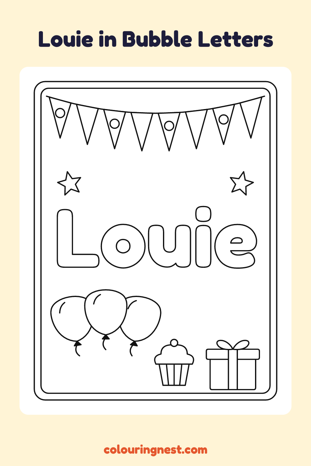 Louie in Bubble Letters coloring page: free printable black-and-white line art