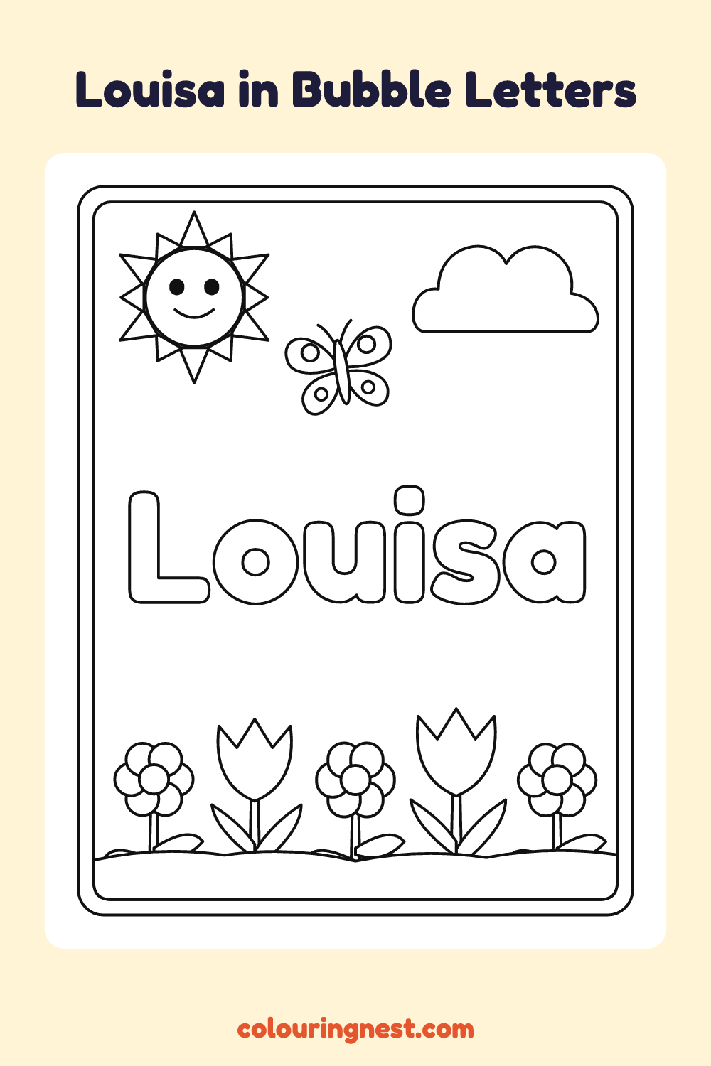 Louisa in Bubble Letters coloring page: free printable black-and-white line art
