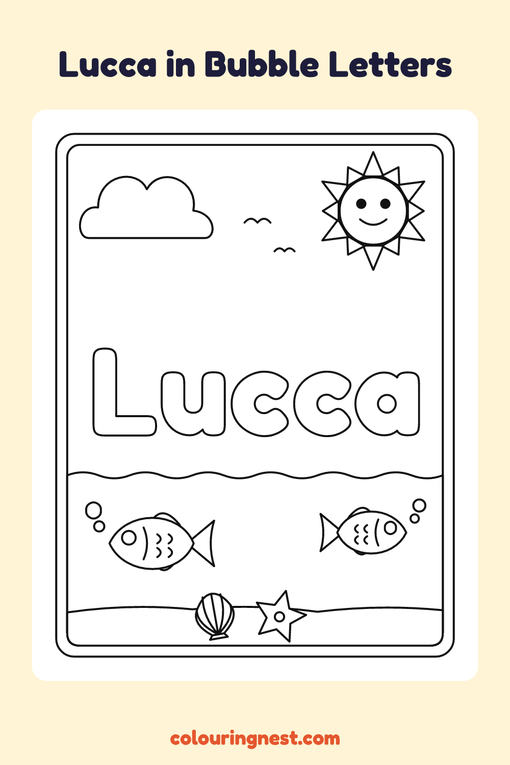 Lucca in Bubble Letters coloring page: free printable black-and-white line art