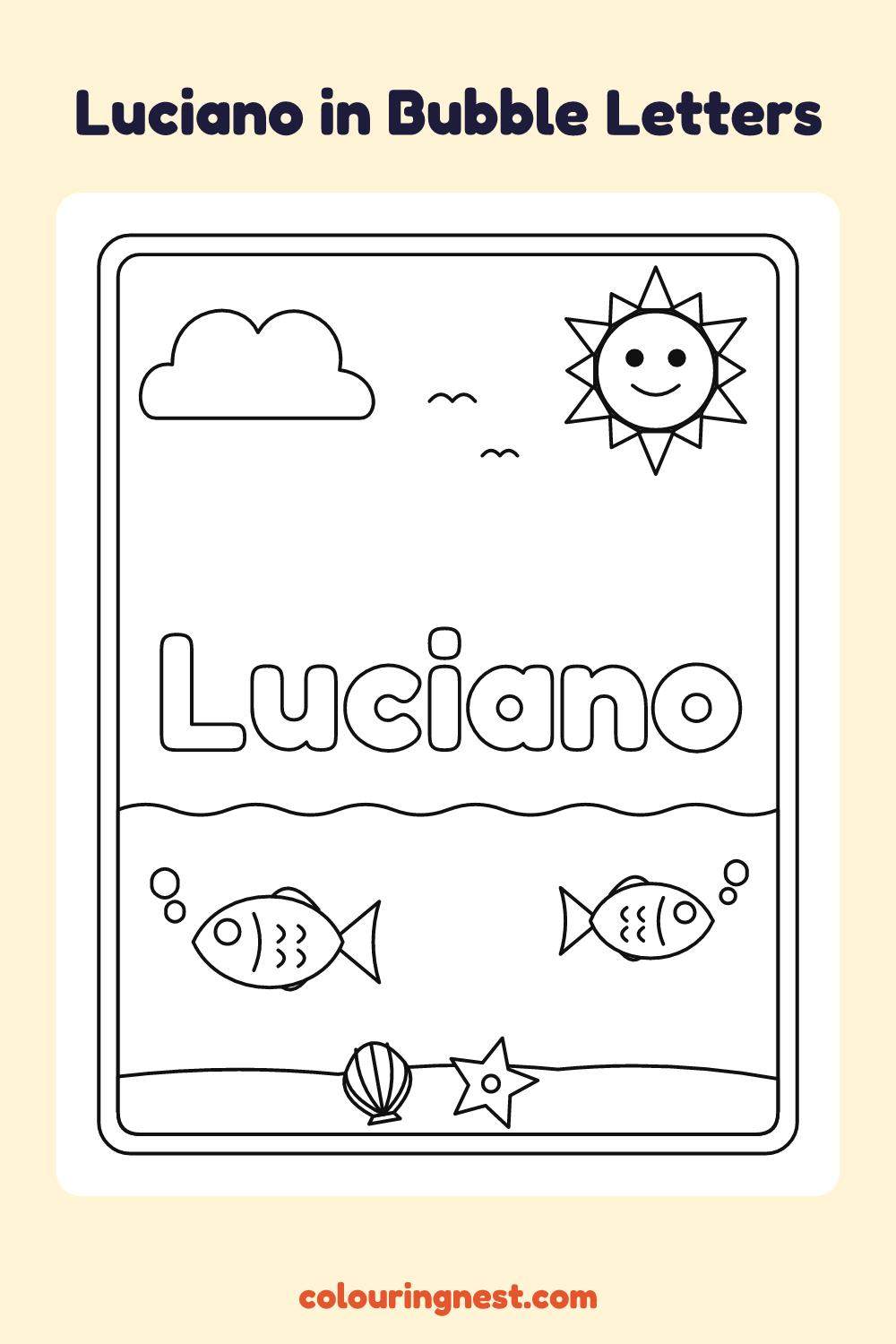 Luciano in Bubble Letters coloring page: free printable black-and-white line art