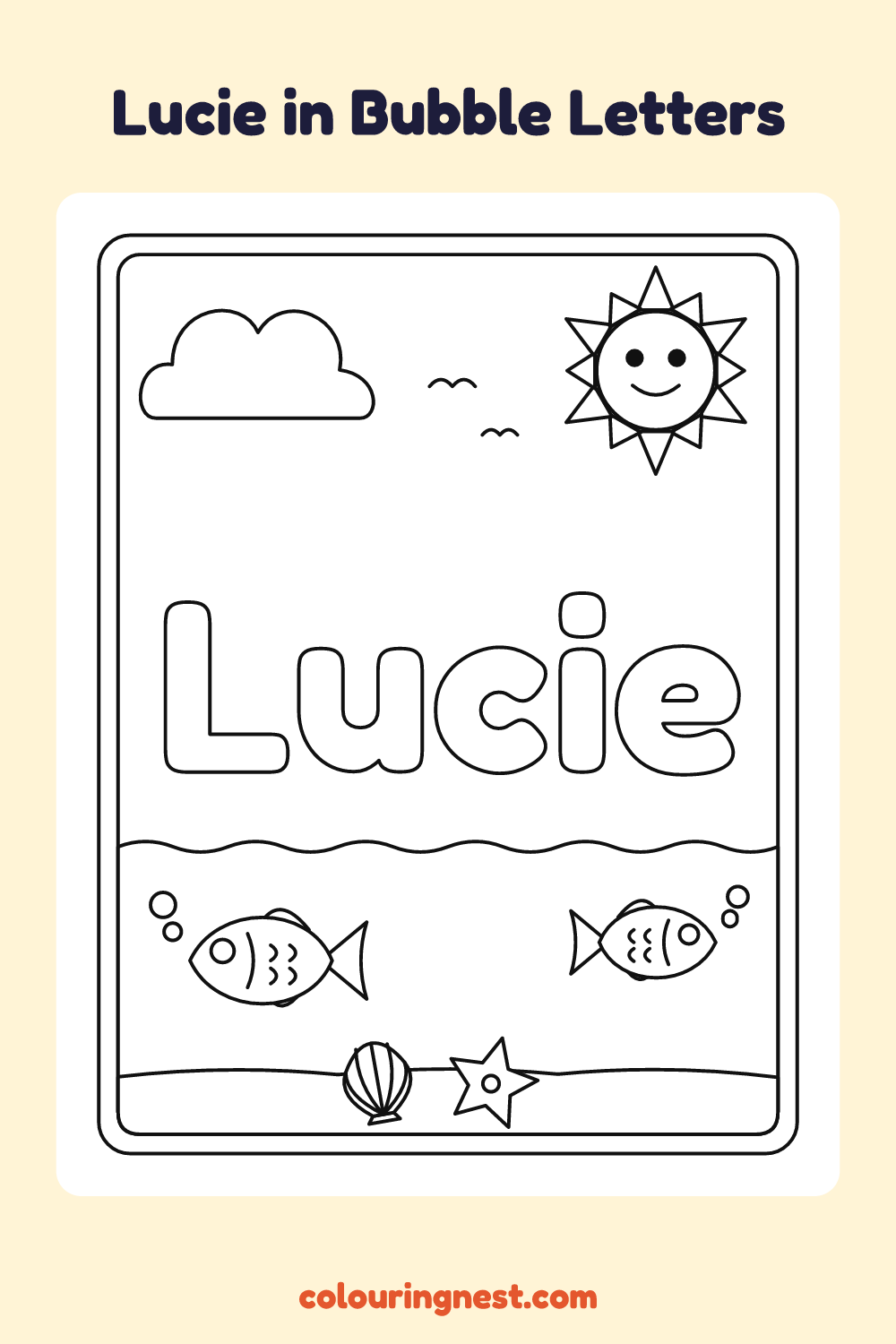 Lucie in Bubble Letters coloring page: free printable black-and-white line art