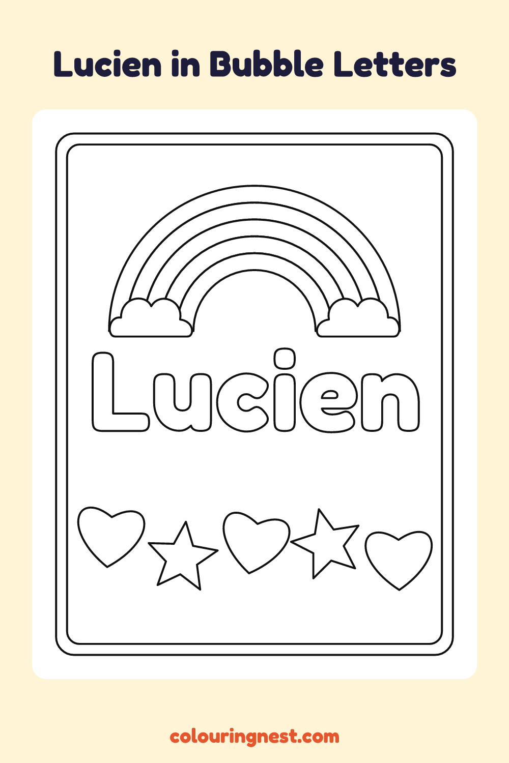 Lucien in Bubble Letters coloring page: free printable black-and-white line art