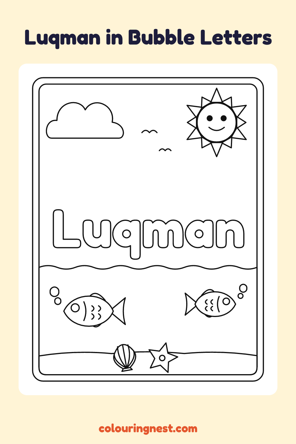 Luqman in Bubble Letters coloring page: free printable black-and-white line art