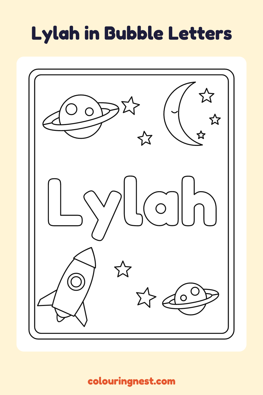 Lylah in Bubble Letters coloring page: free printable black-and-white line art