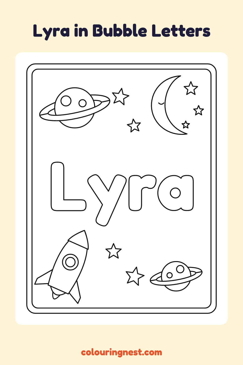 Lyra in Bubble Letters coloring page: free printable black-and-white line art