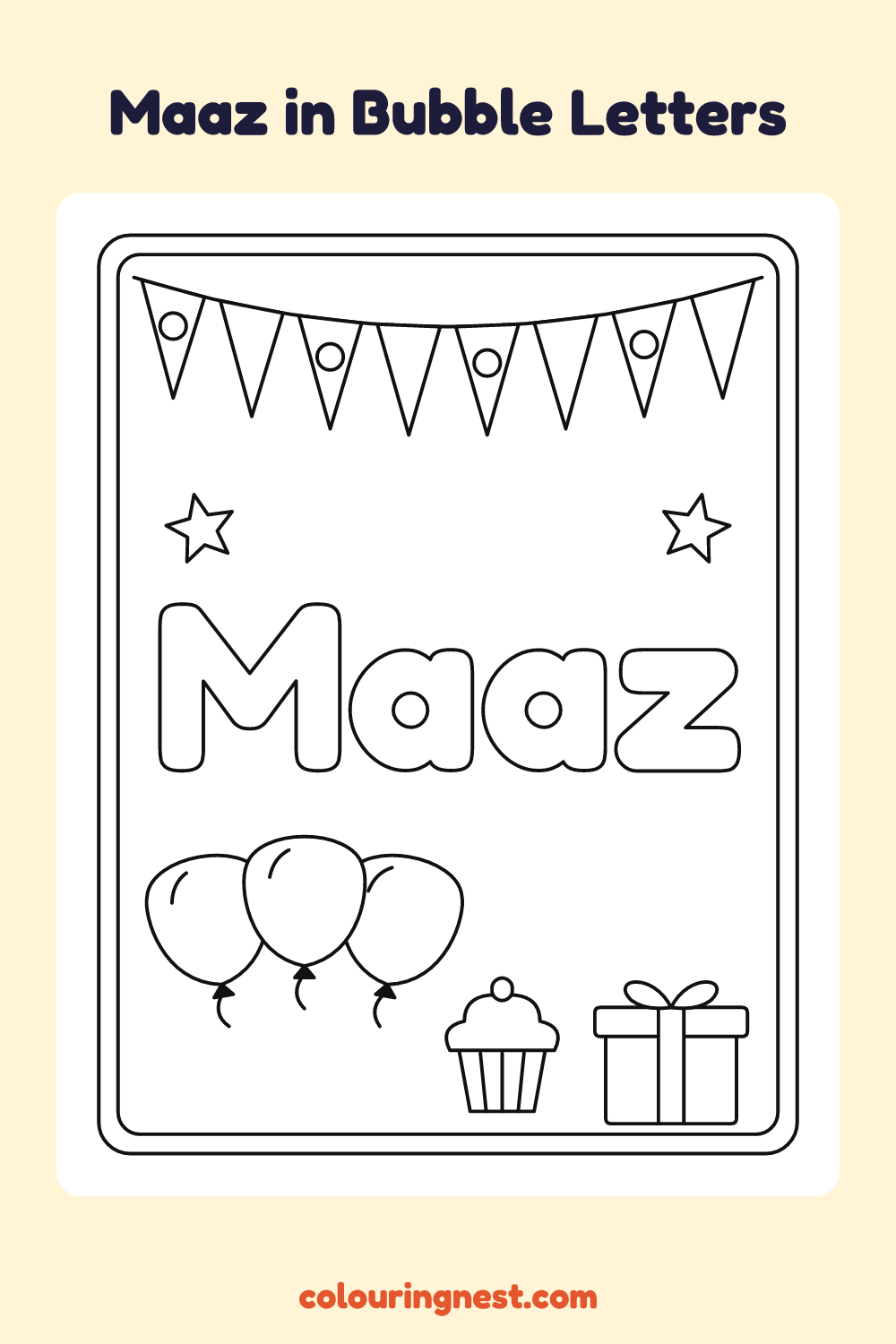 Maaz in Bubble Letters coloring page: free printable black-and-white line art